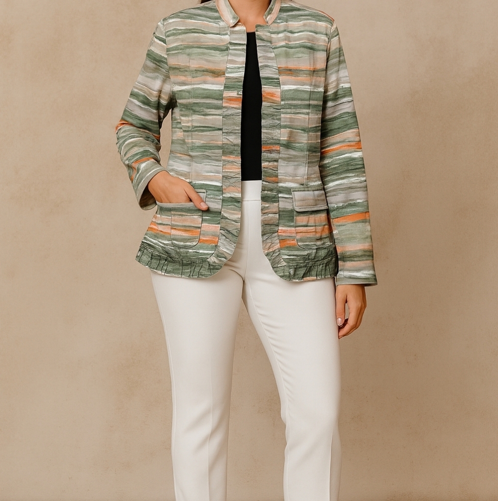 Chico's Open Front Blazer Jacket Striped Ruffle Multicolor Colorful Womens Sz 2